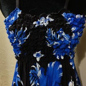 Black and Blue spaghetti strap asymmetrical Floral summer Dress